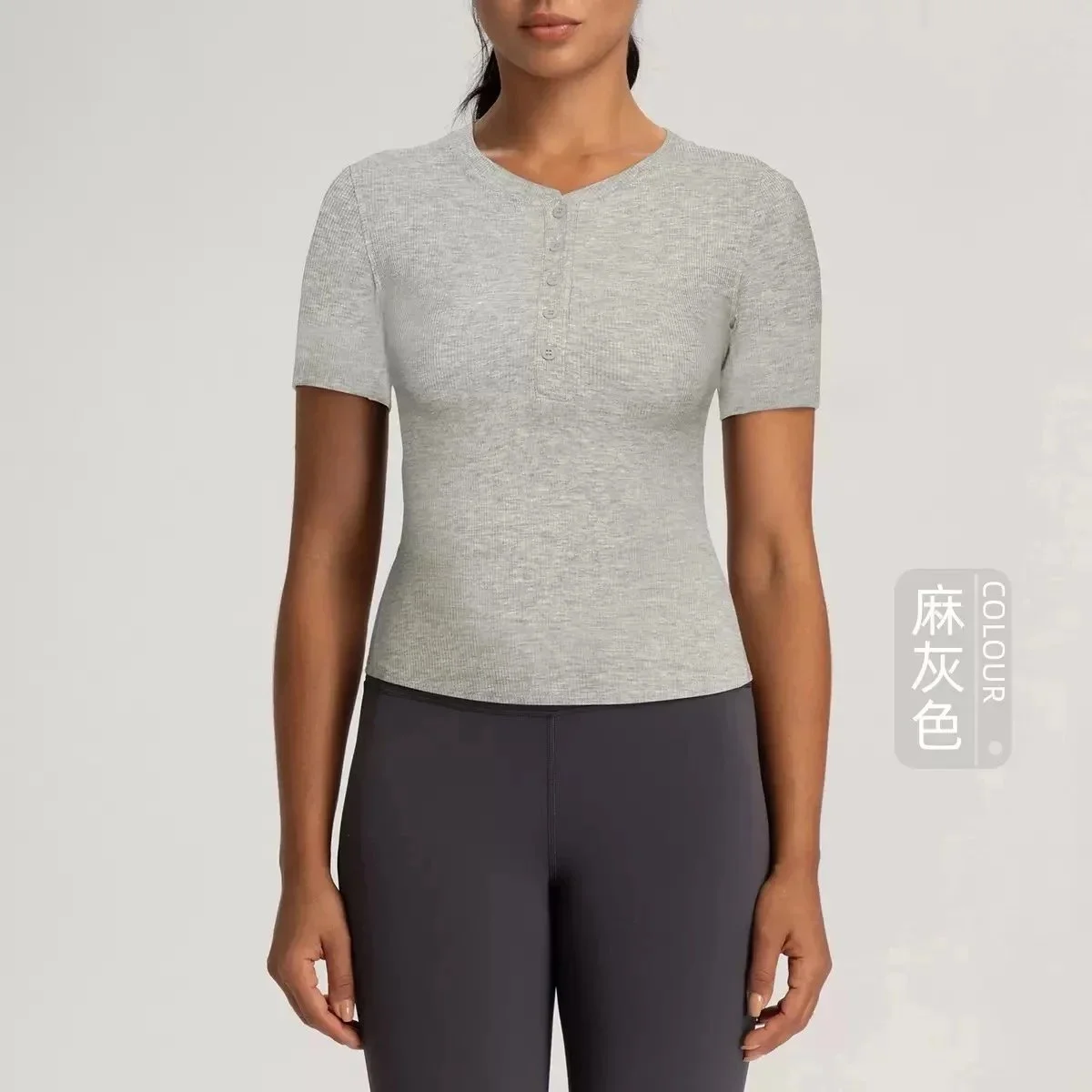 Other Henley Top in麻灰Color Casual T-Shirt Grey - 1
