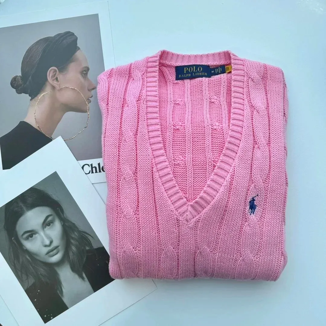 Polo Ralph Lauren Polo Ralph Lauren Pink Cable Knit V-Neck Sweater Pink - 1