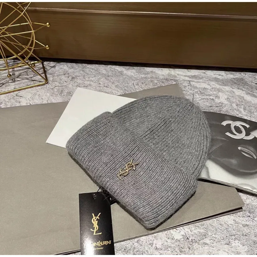 Saint Laurent Saint Laurent Grey YSL Logo Beanie Grey