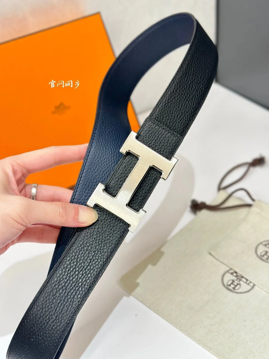 Hermès Hermès Hermès H Black/Blue Brushed Silver Double-Sided Belt Black