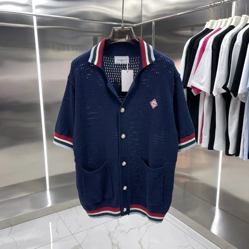 Other Unisex Navy Blue Mesh Knit Cardigan with Colorblock Trim Navy - 1