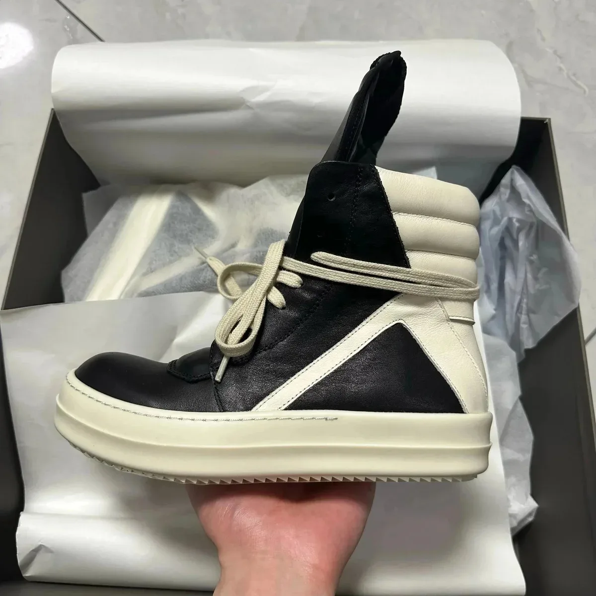 Rick Owens Rick Owens Geobasket High Top Leather Sneakers Black/White Black - 1