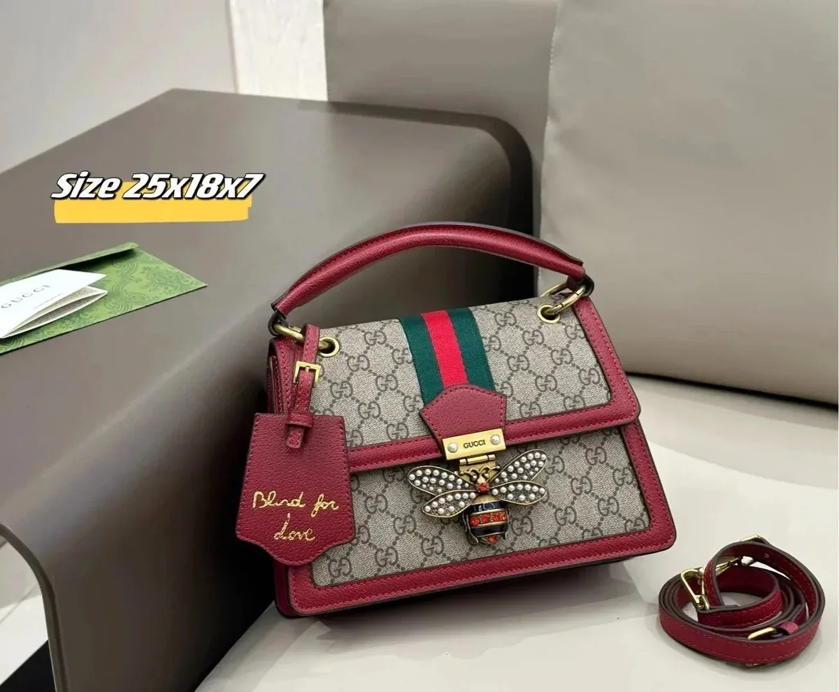 Gucci GG Marmont Bee Embellished Red & Beige Bag