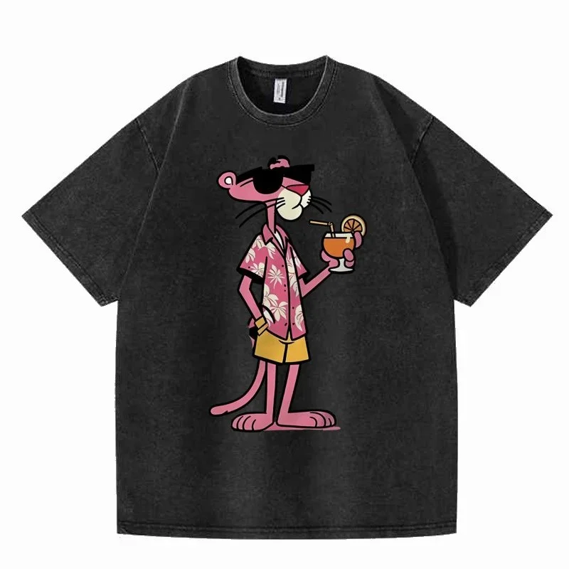 Other Black Washed Cotton T-Shirt with Pink Panther Print Black - 1