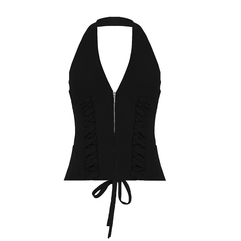 Other Black Halter Top with Zipper & Lacing Detail Black - 1