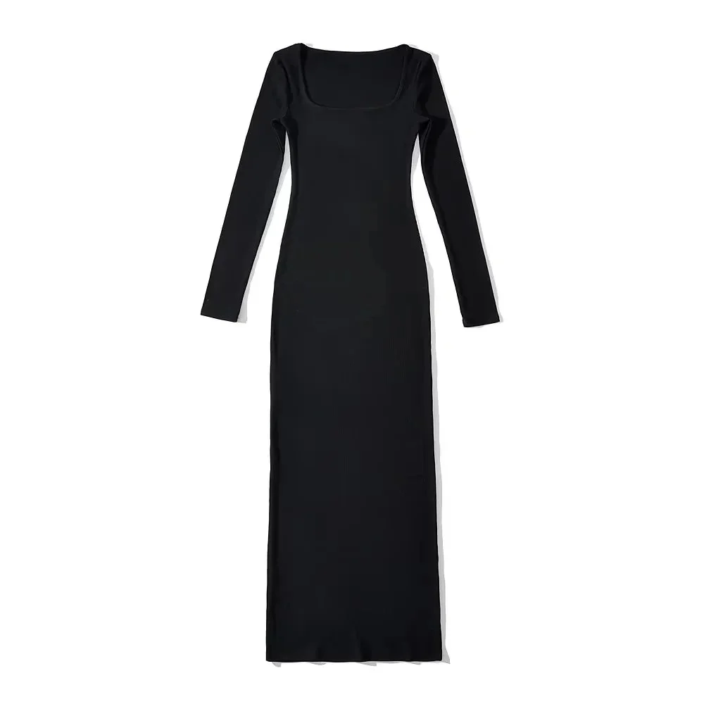 Other Black Square Neck Long Sleeve Maxi Dress Black - 1