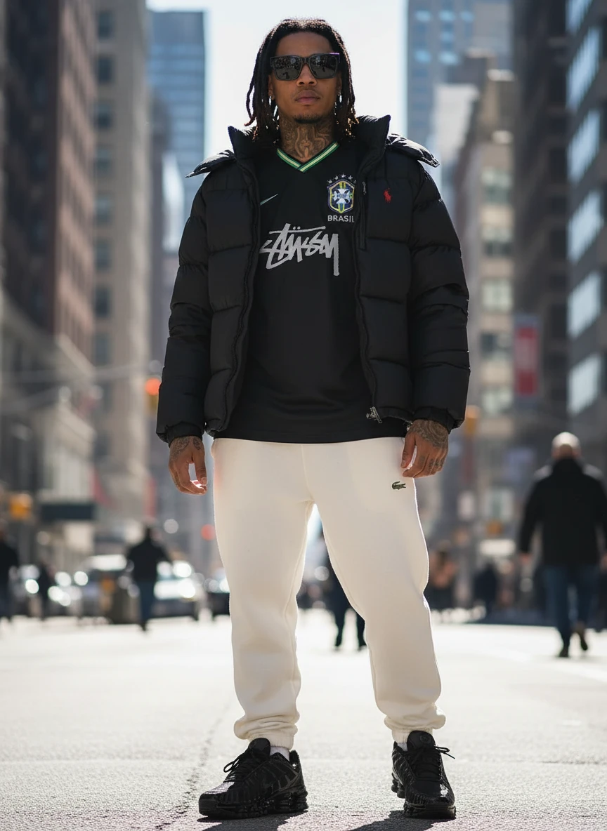 Nike x Stussy Brazil Jersey Black T-Shirt, Le Coq Sportif LCS R800 White Relaxed Sweatpants, Nike Shox TL Triple Black Sneakers, Polo Ralph Lauren Black Puffer Jacket, Prada Black Square Sunglasses