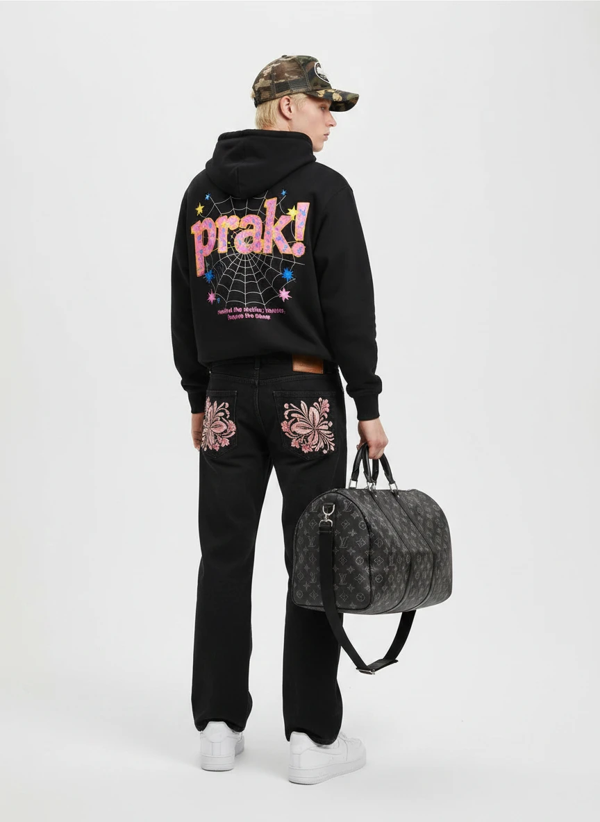Black Spider Web Print Hoodie, Schutz Cherry Blossom Embroidered Jeans Black, Nike Air Force 1 White Sneakers, Camo Trucker Hat with Boat Graphic, Louis Vuitton Keepall Monogram Travel Set