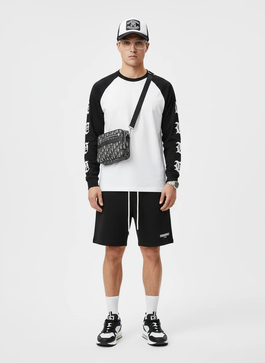 Unisex White & Black Graphic Long Sleeve T-Shirt, Fear of God Essentials Black Shorts, Nike Air Jordan 4 Black/White Sneakers, Chrome Hearts Hollywood Trucker Cap Black/White, Chrome Hearts CH Plus Clear Frame Eyewear, Cartier Santos Automatic Diamond Watch, Dior Book Tote Monogram Black Crossbody Bag